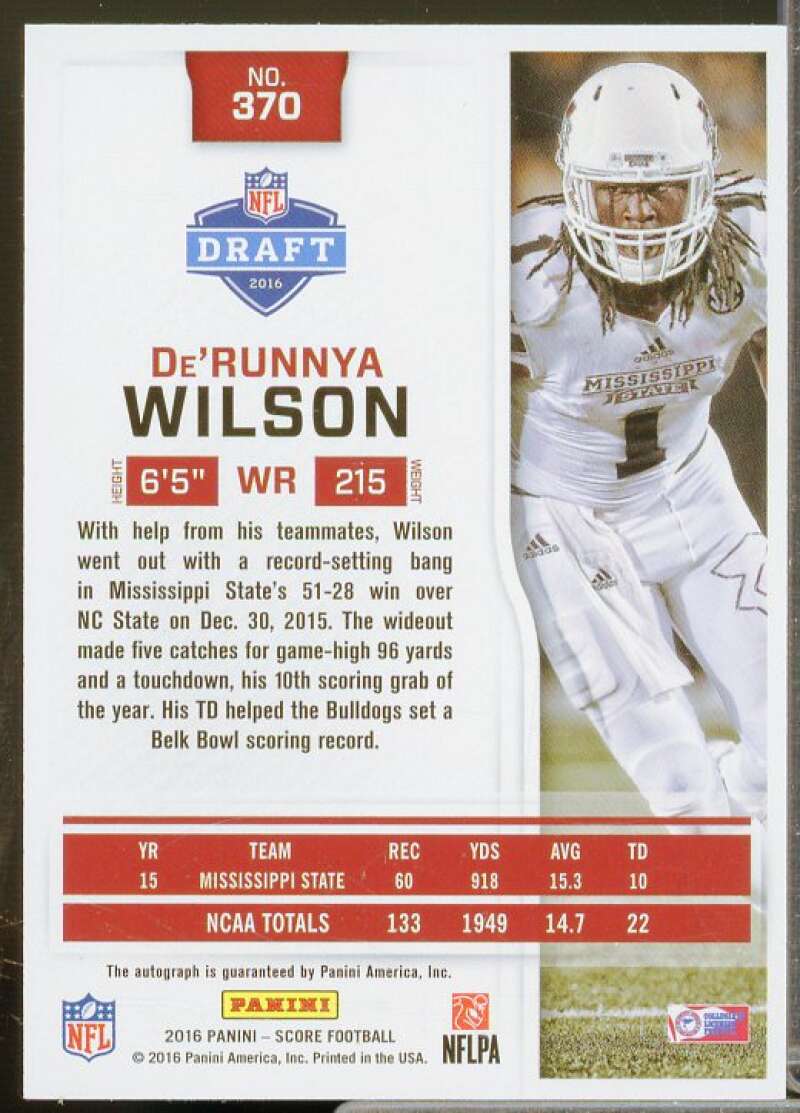 De'Runnya Wilson/50 Rookie Card 2016 Score Rookie Autographs Gold Zone #370  Image 2