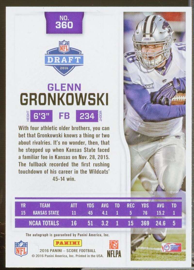 Glenn Gronkowski Rookie Card 2016 Score Rookie Autographs #360  Image 2