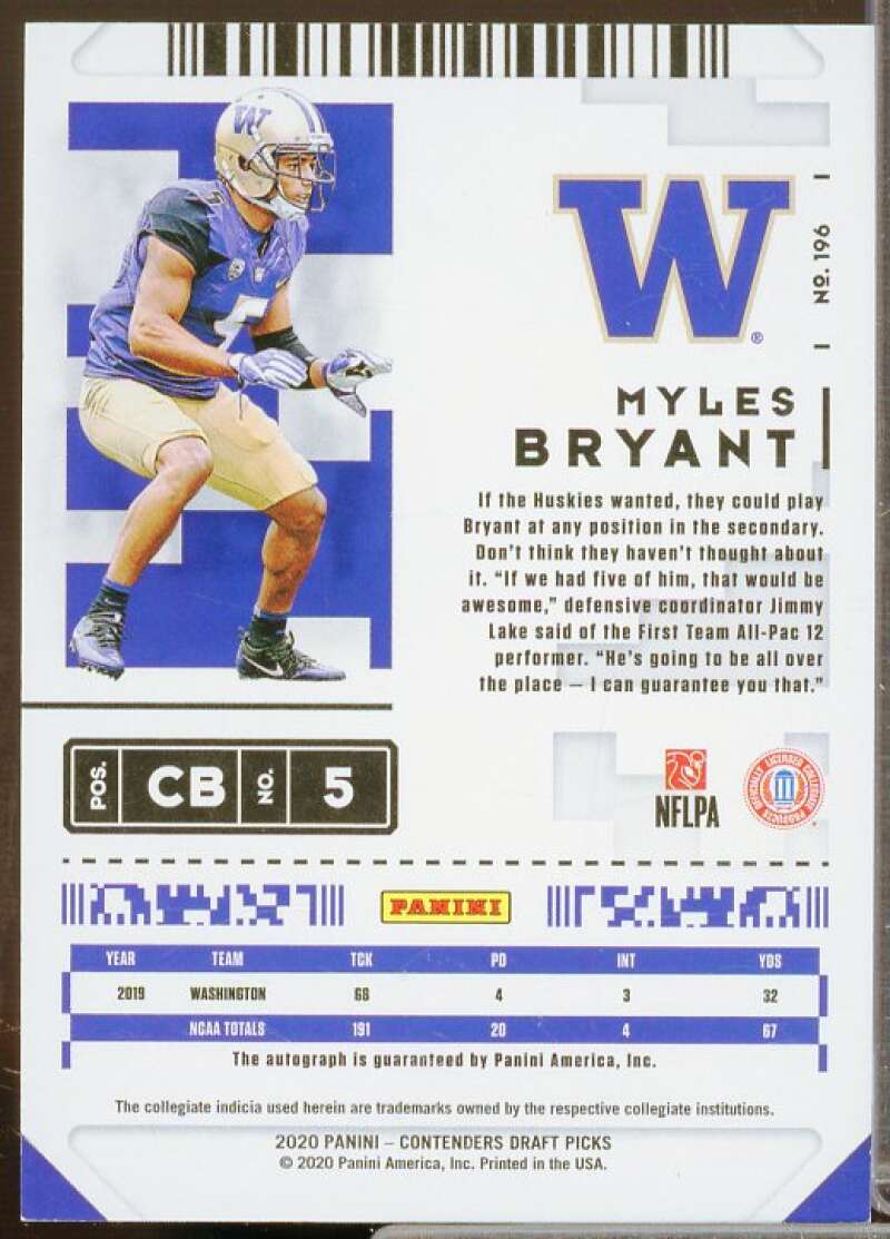 Myles Bryant AU Rookie Card 2020 Panini Contenders Draft Picks Bowl Ticket #196  Image 2