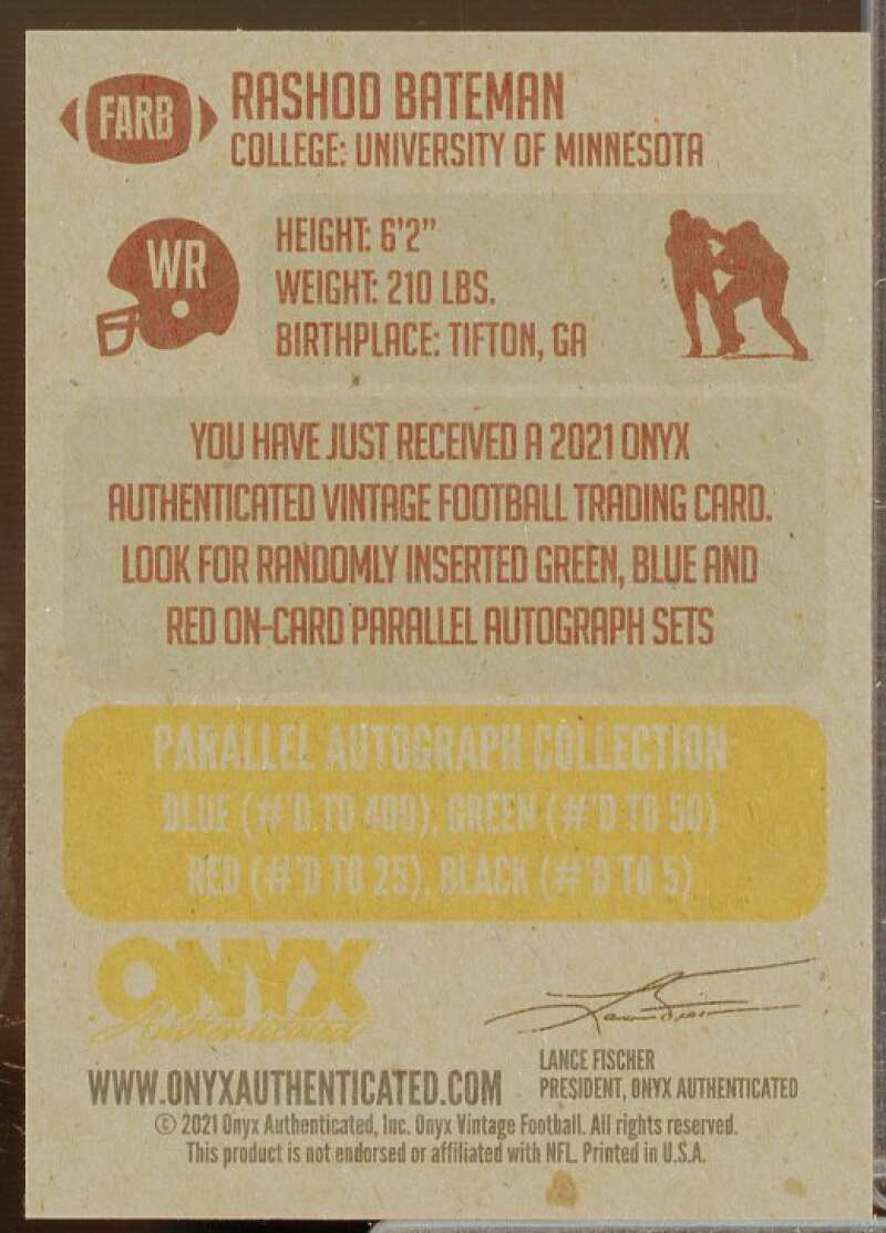 Rashod Bateman Rookie Card 2021 Onyx Vintage Signatures Blue #FARB  Image 2