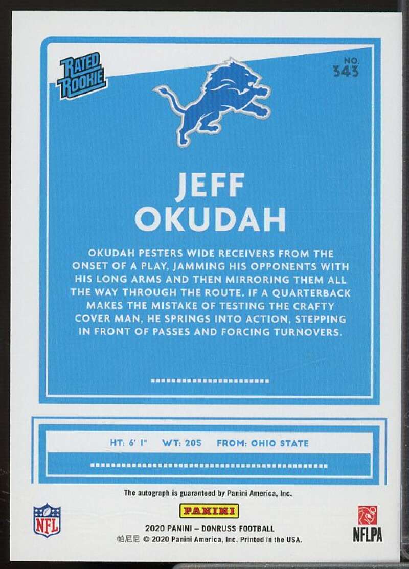 Jeff Okudah Rookie Card 2020 Donruss Rated Rookies Autographs Bronze #343  Image 2