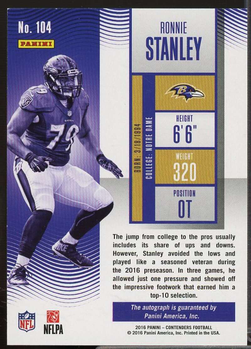 Ronnie Stanley AU/99 Rookie 2016 Panini Contenders Championship Ticket #104  Image 2