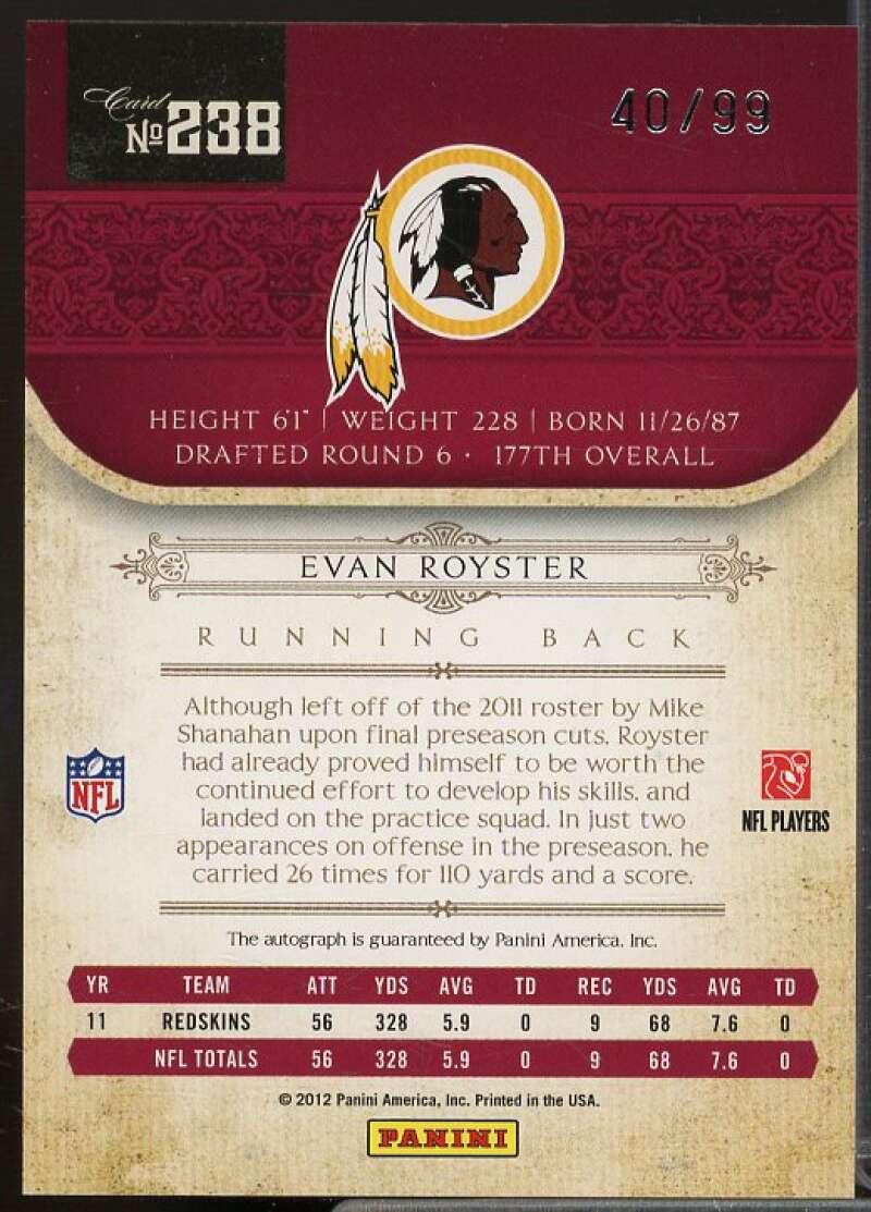 Evan Royster AU Rookie Card 2011 Playoff National Treasures #238  Image 2