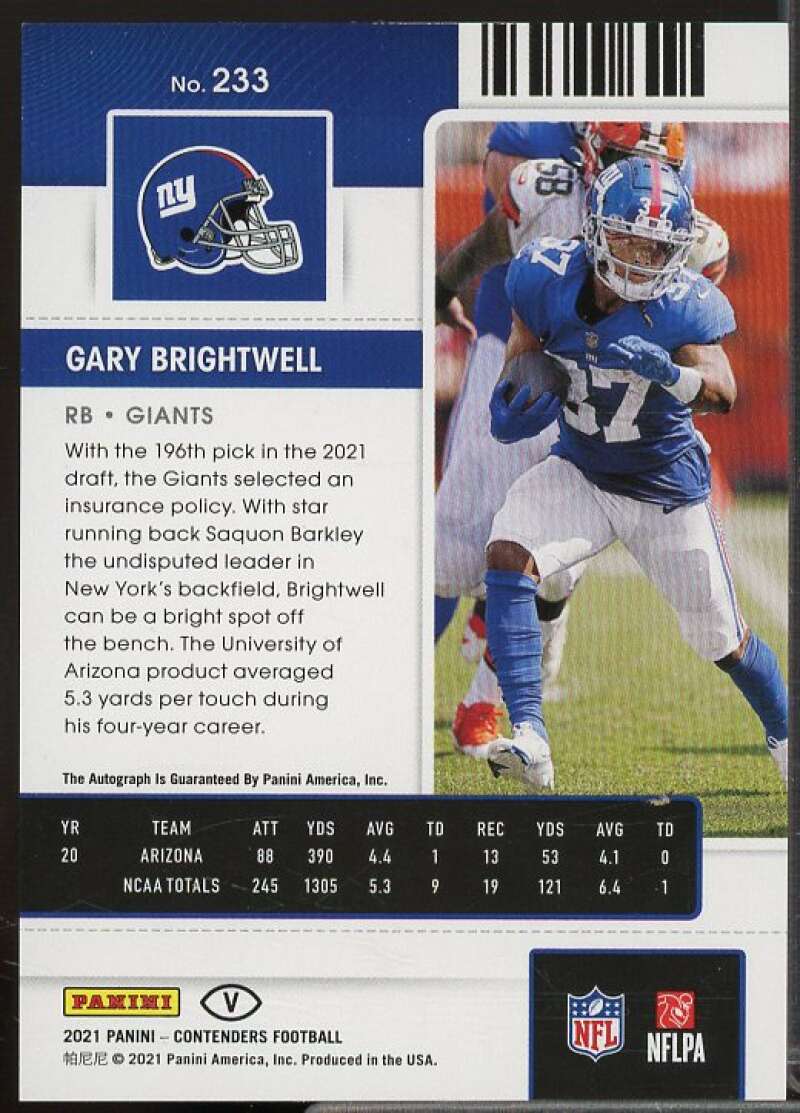 Gary Brightwell AU Rookie Card 2021 Panini Contenders Playoff Ticket #233  Image 2