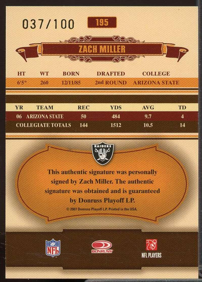 Zach Miller Rookie Card 2007 Donruss Classics Significant Signatures Gold #195  Image 2