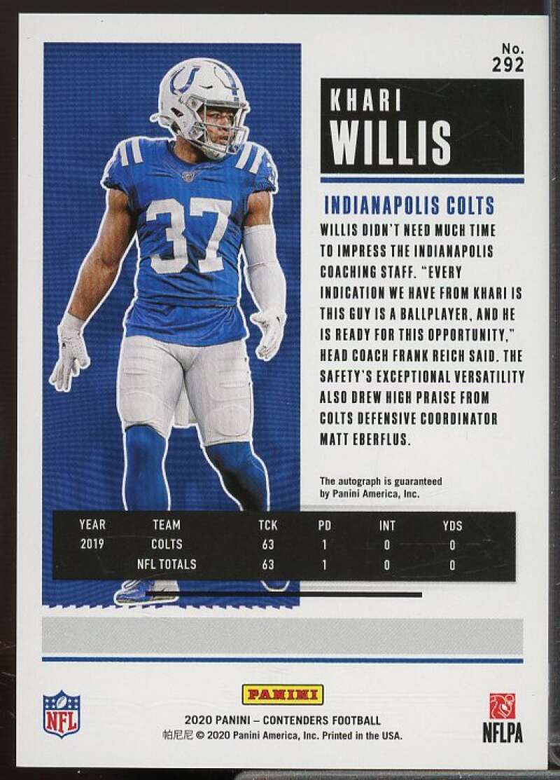 Khari Willis AU/99 Rookie Card 2020 Panini Contenders Playoff Ticket #292A  Image 2