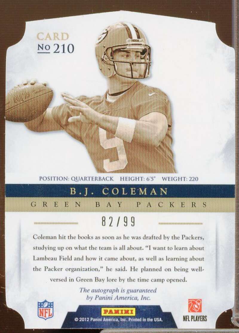 B.J. Coleman AU/99 RC Rookie Card 2012 Panini Prominence #210  Image 2