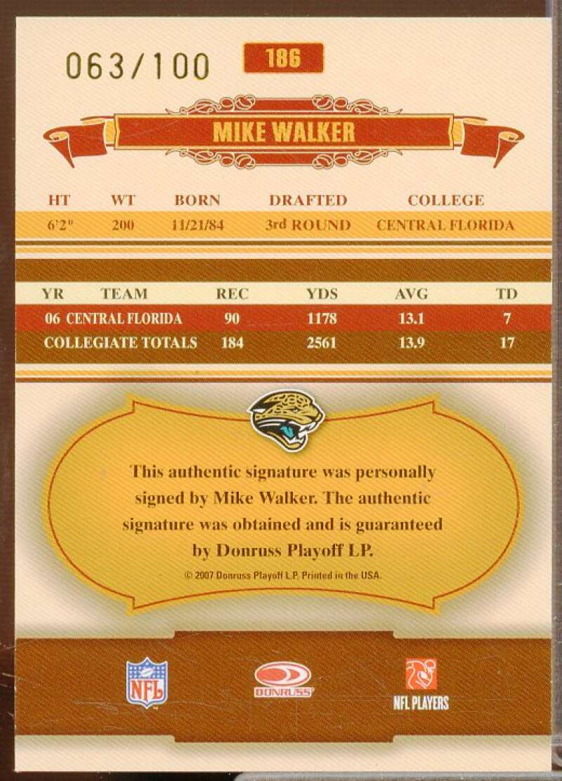 Mike Walker Rookie Card 2007 Donruss Classics Significant Signatures Gold #186  Image 2