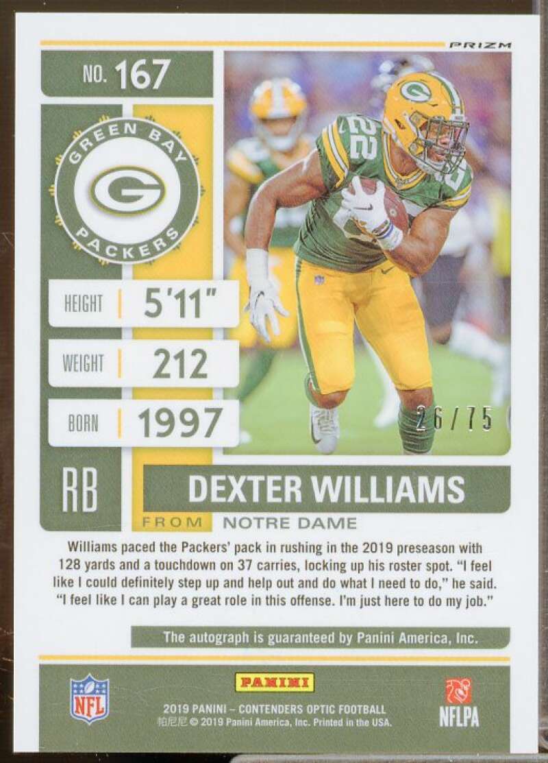 Dexter Williams AU Rookie Card 2019 Panini Contenders Optic Blue #167  Image 2