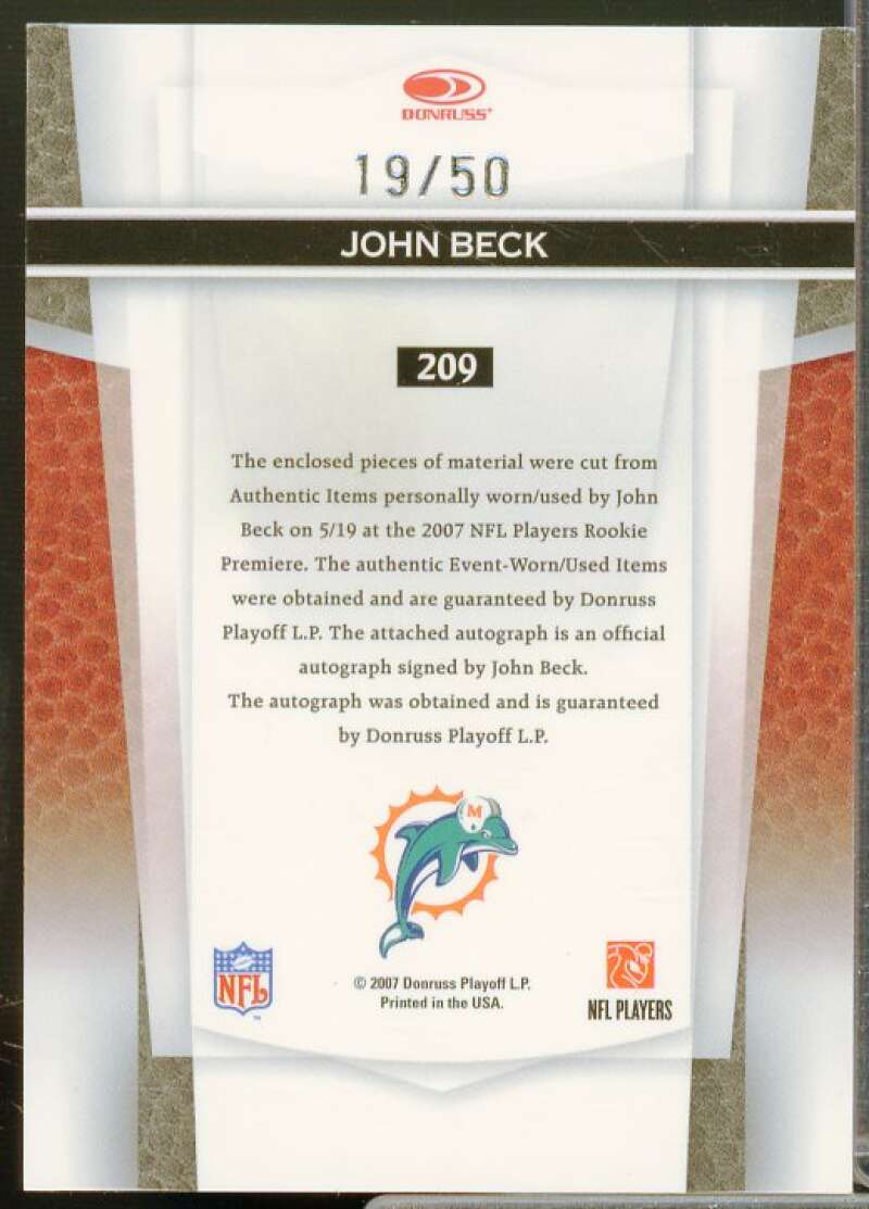 John Beck FF AU Rookie 2007 Leaf Certified Materials Mirror Blue Materials #209  Image 2