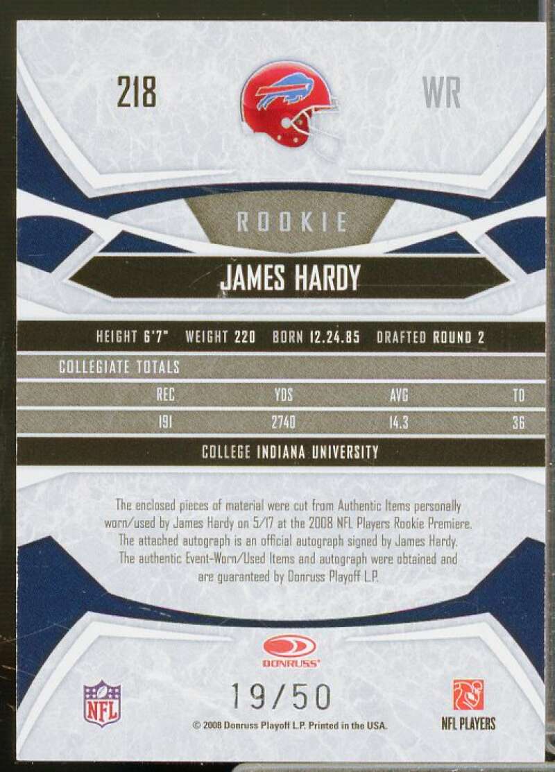 James Hardy 2008 Donruss Gridiron Gear Rookie Gems Jersey Combo Auto Prime #218  Image 2