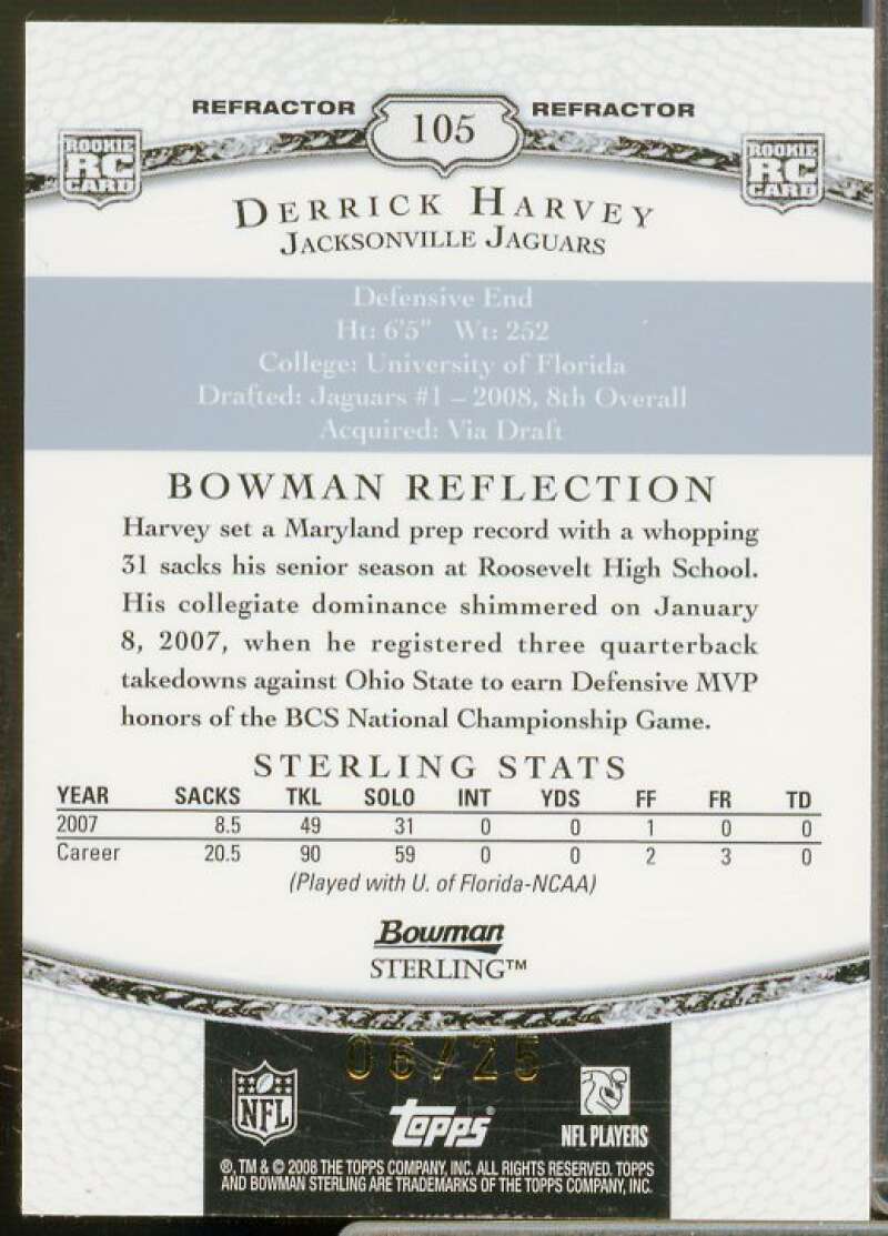 Derrick Harvey AU Rookie Card 2008 Bowman Sterling Gold Refractors #105  Image 2