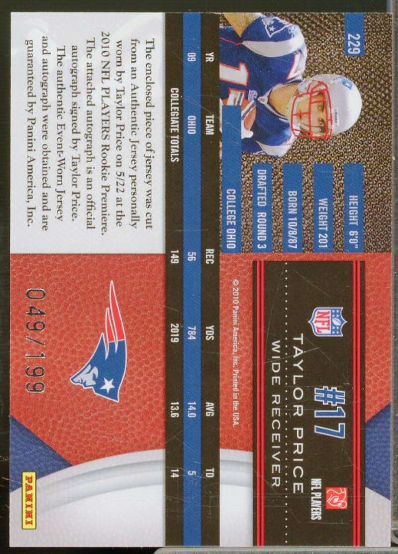 Taylor Price JSY AU Rookie Card 2010 Limited #229  Image 2