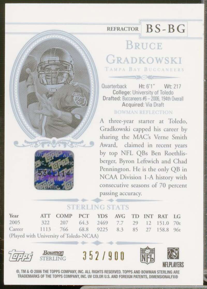 Bruce Gradkowski/900 Rookie 2006 Bowman Sterling Gold Rookie Autographs #BG  Image 2