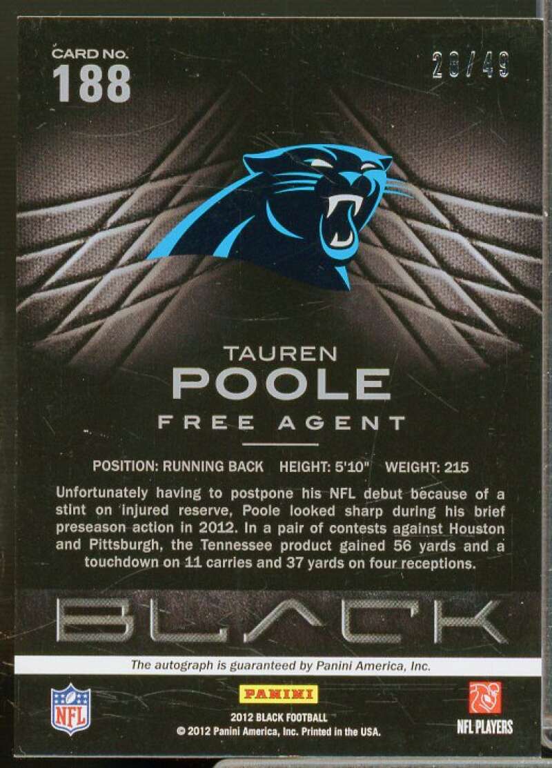 Tauren Poole/49 Rookie Card 2012 Panini Black Rookie Signatures Platinum #188  Image 2