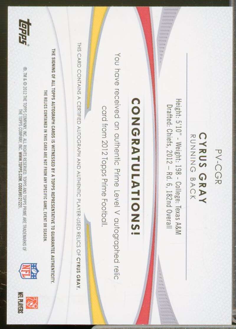 Cyrus Gray Rookie 2012 Topps Prime Autographed Relics Level 5 Copper #PVCGR  Image 2