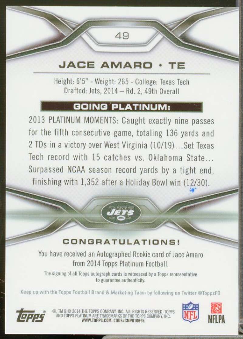 Jace Amaro Rookie Card 2014 Topps Platinum Autographs Camo Refractors #49  Image 2