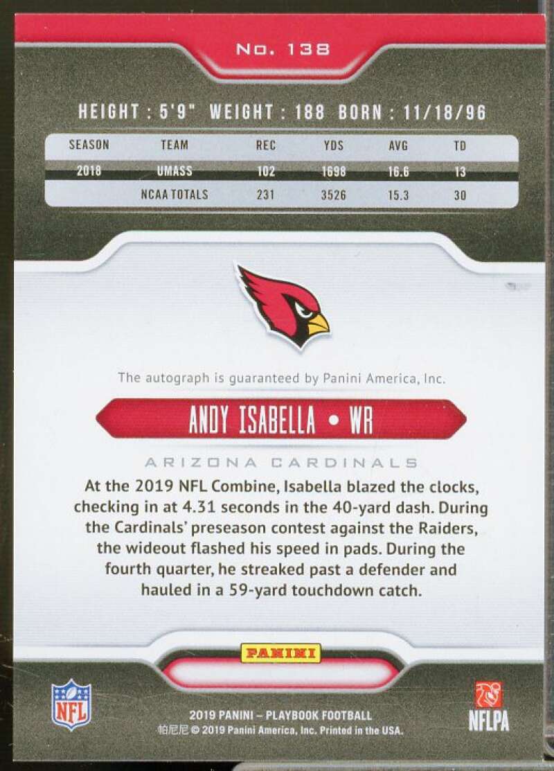 Andy Isabella Card 2019 Panini Playbook Rookie Signatures #138  Image 2