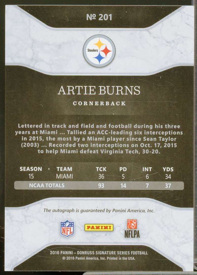 Artie Burns Rookie Card 2016 Donruss Signature Series Gold #201  Image 2