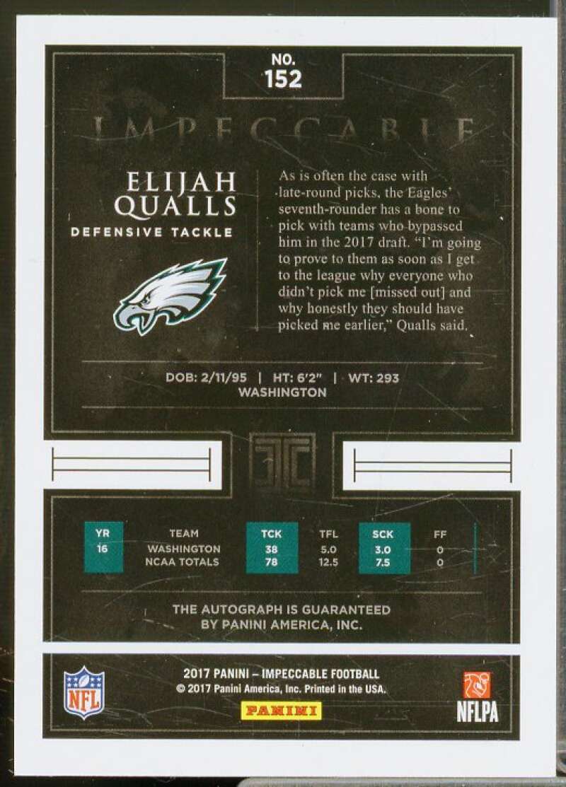 Elijah Qualls AU Rookie Card 2017 Panini Impeccable Gold #152  Image 2