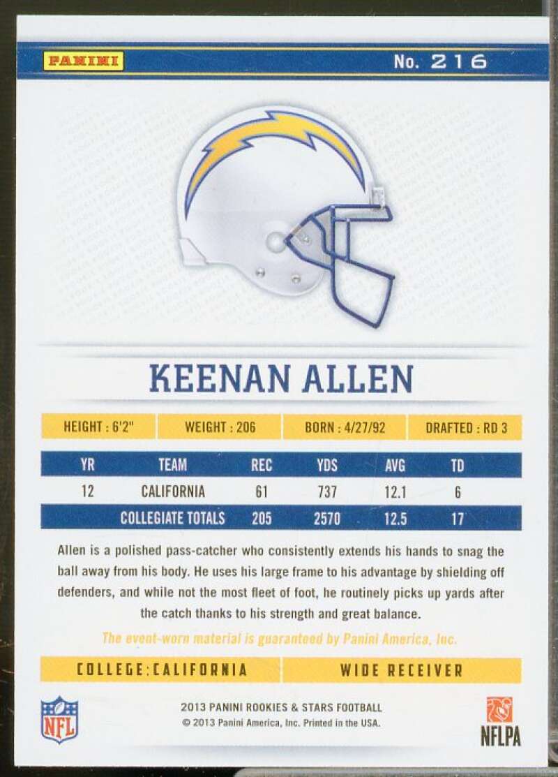 Keenan Allen JSY Rookie Card 2013 Rookies and Stars #216  Image 2