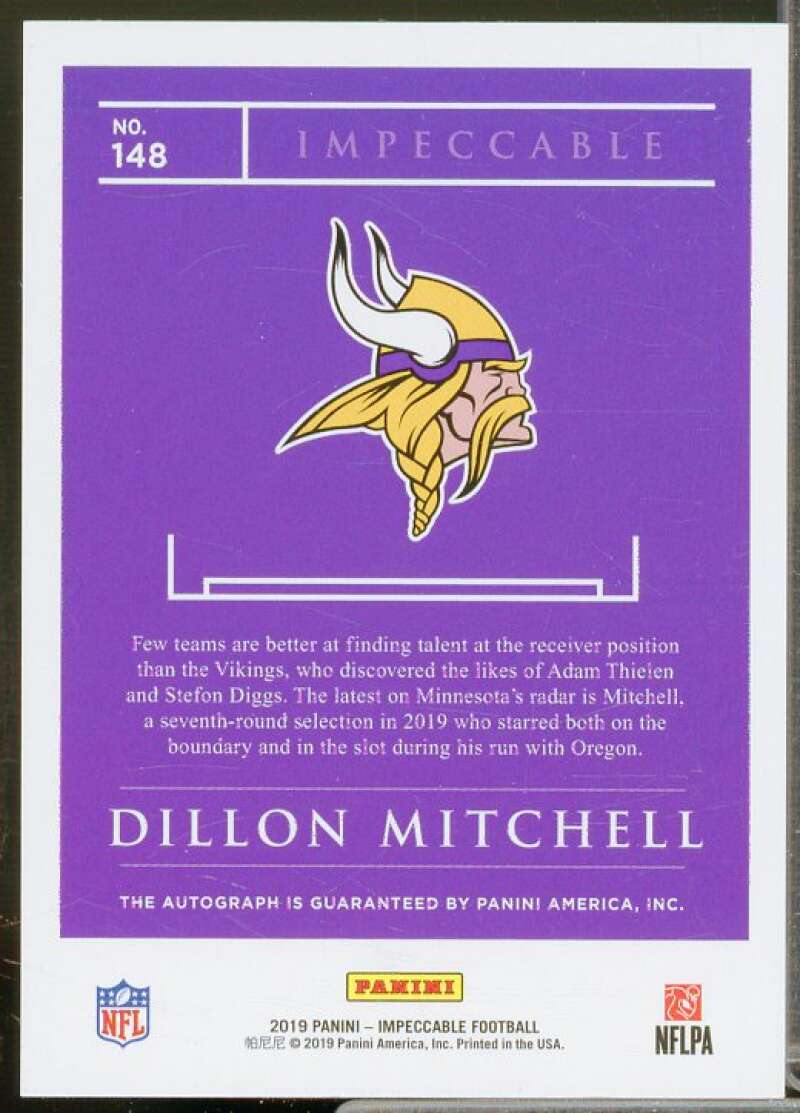 Dillon Mitchell AU Rookie Card 2019 Panini Impeccable #148  Image 2