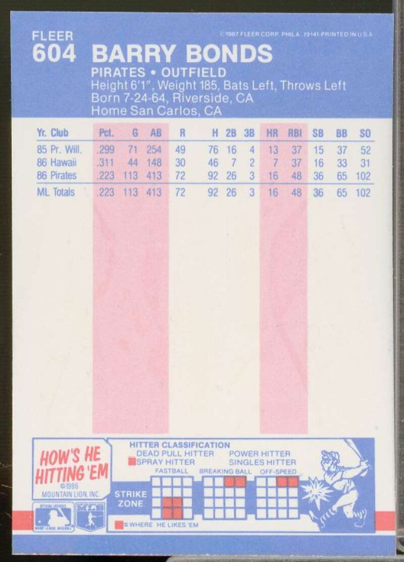Barry Bonds Rookie Card 1987 Fleer #604  Image 2