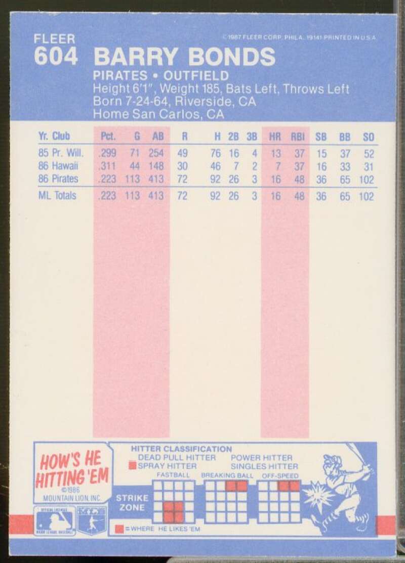 Barry Bonds Rookie Card 1987 Fleer #604  Image 2