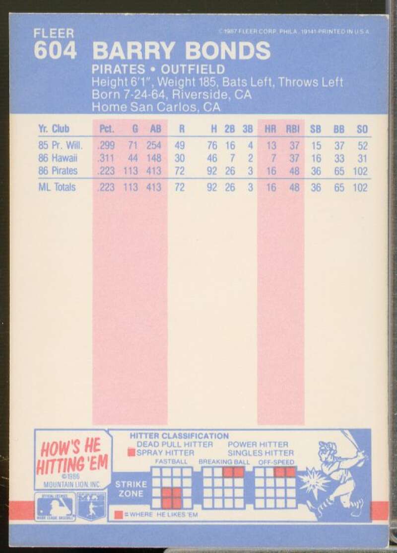Barry Bonds Rookie Card 1987 Fleer #604  Image 2