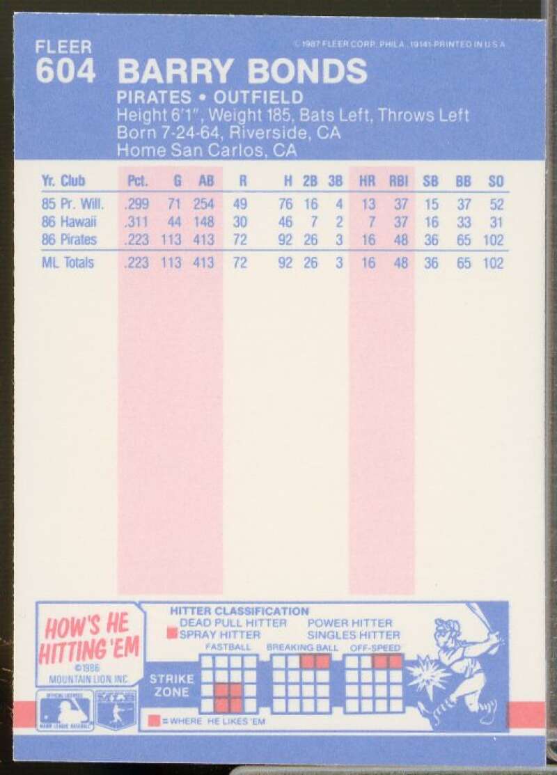 Barry Bonds Rookie Card 1987 Fleer #604  Image 2