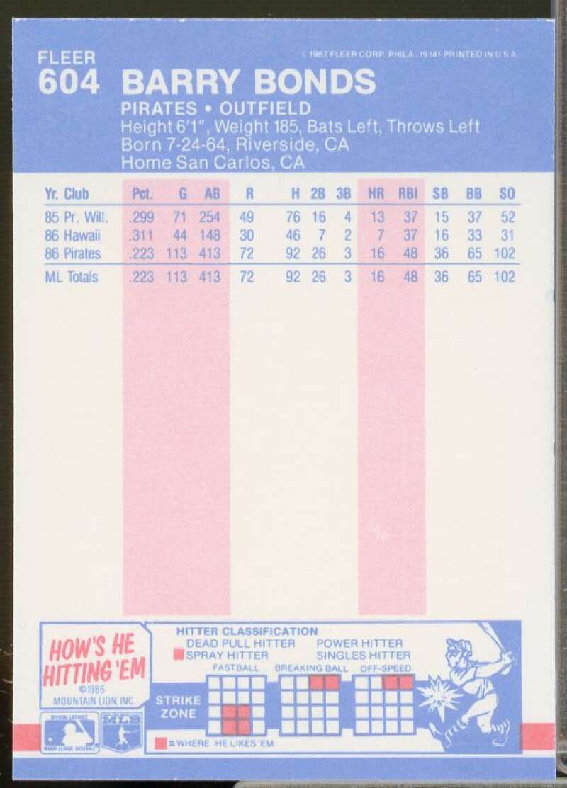 Barry Bonds Rookie Card 1987 Fleer #604  Image 2