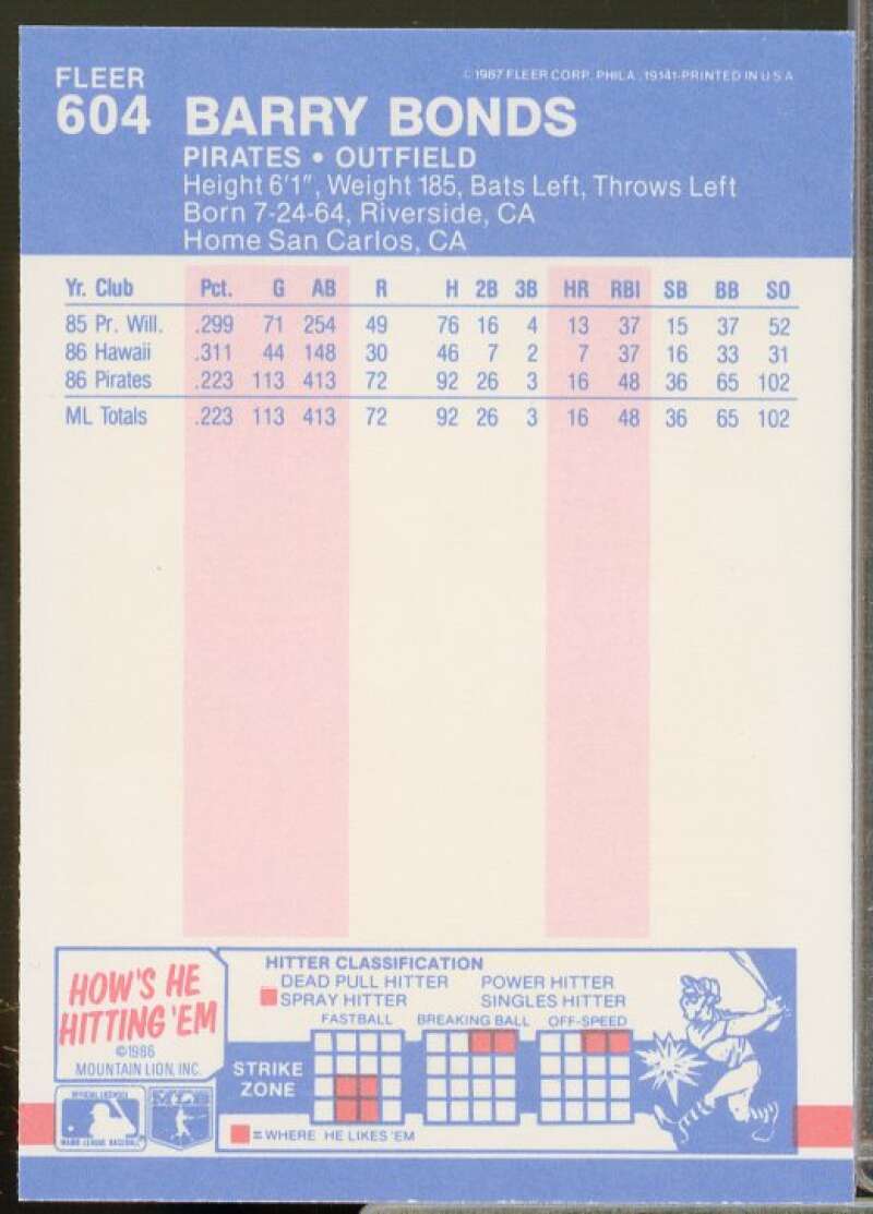 Barry Bonds Rookie Card 1987 Fleer #604  Image 2