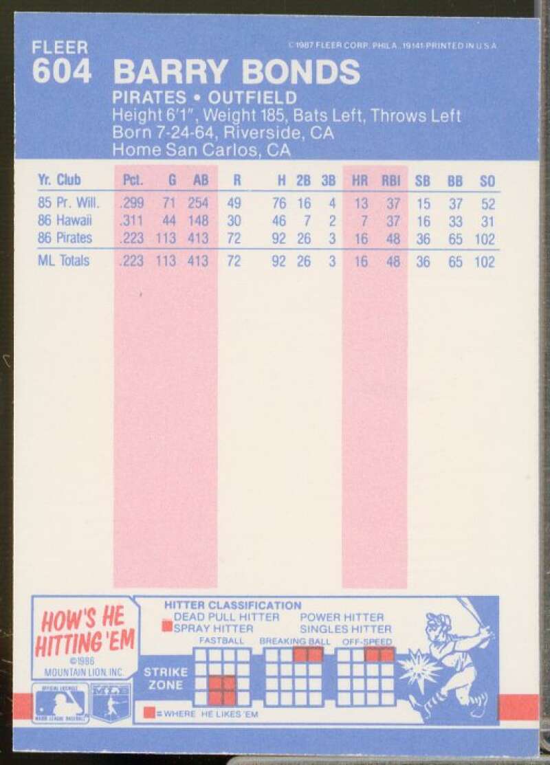 Barry Bonds Rookie Card 1987 Fleer #604  Image 2