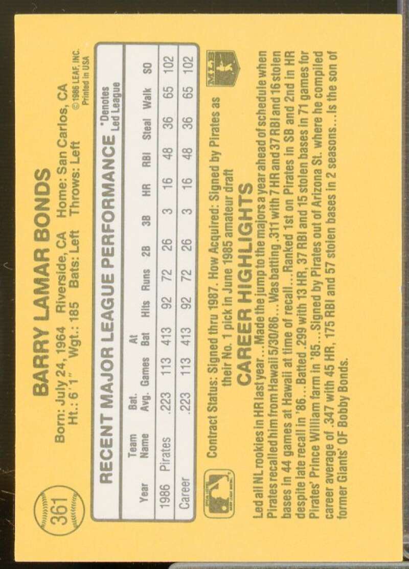 Barry Bonds Rookie Card 1987 Donruss #361  Image 2
