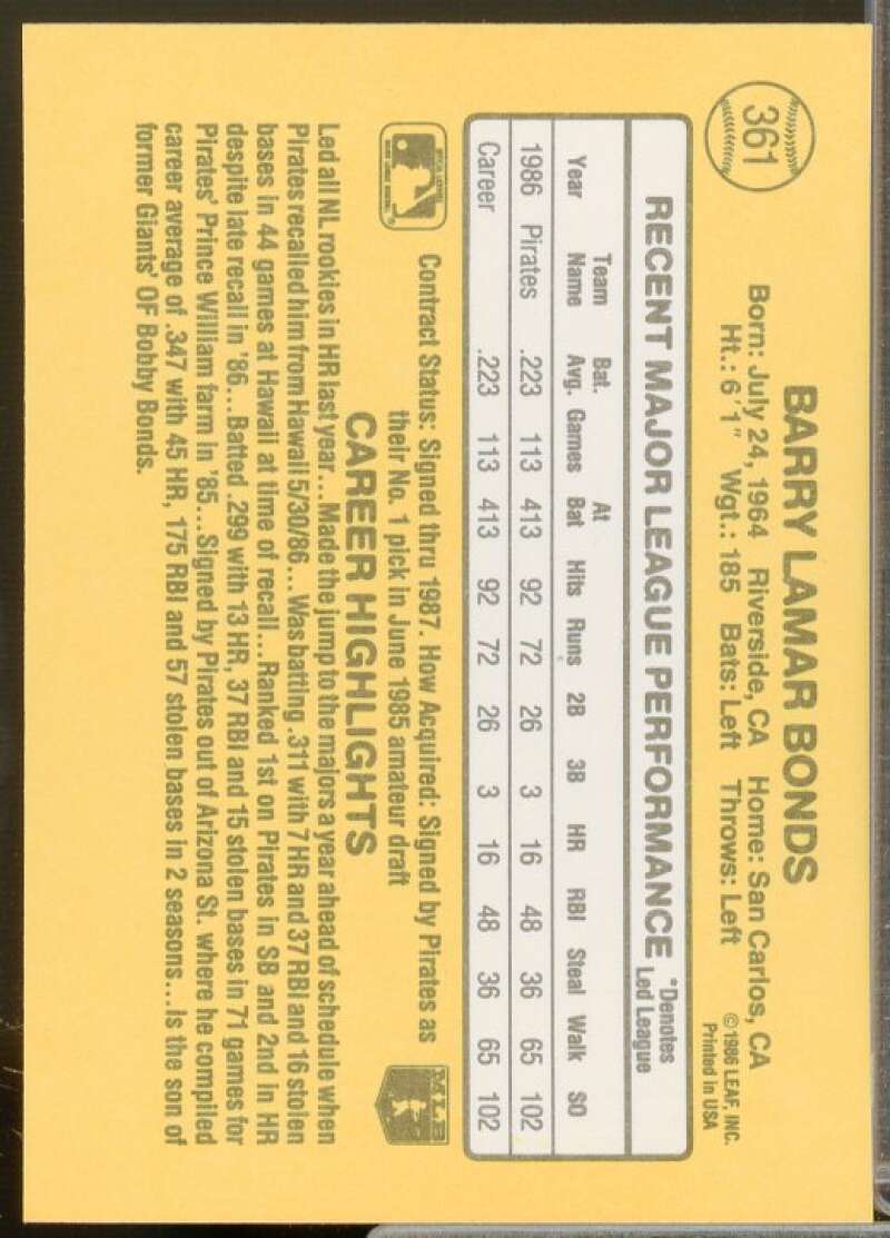 Barry Bonds Rookie Card 1987 Donruss #361  Image 2