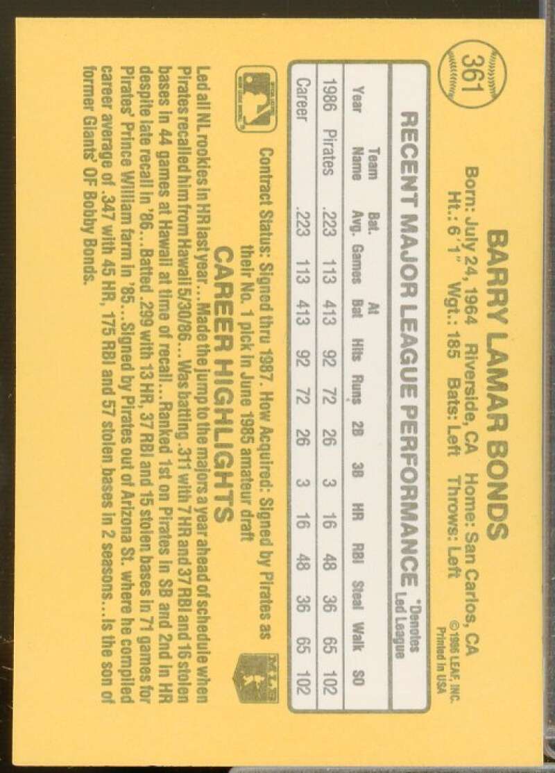 Barry Bonds Rookie Card 1987 Donruss #361  Image 2