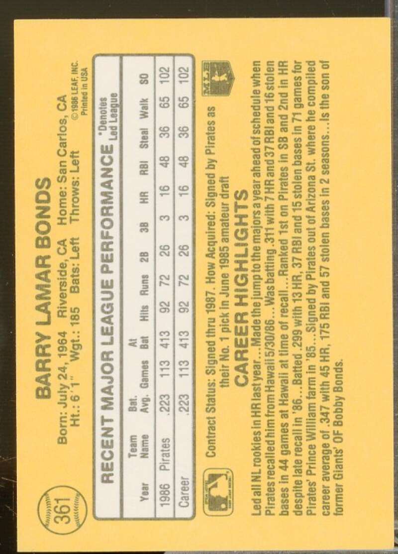 Barry Bonds Rookie Card 1987 Donruss #361  Image 2
