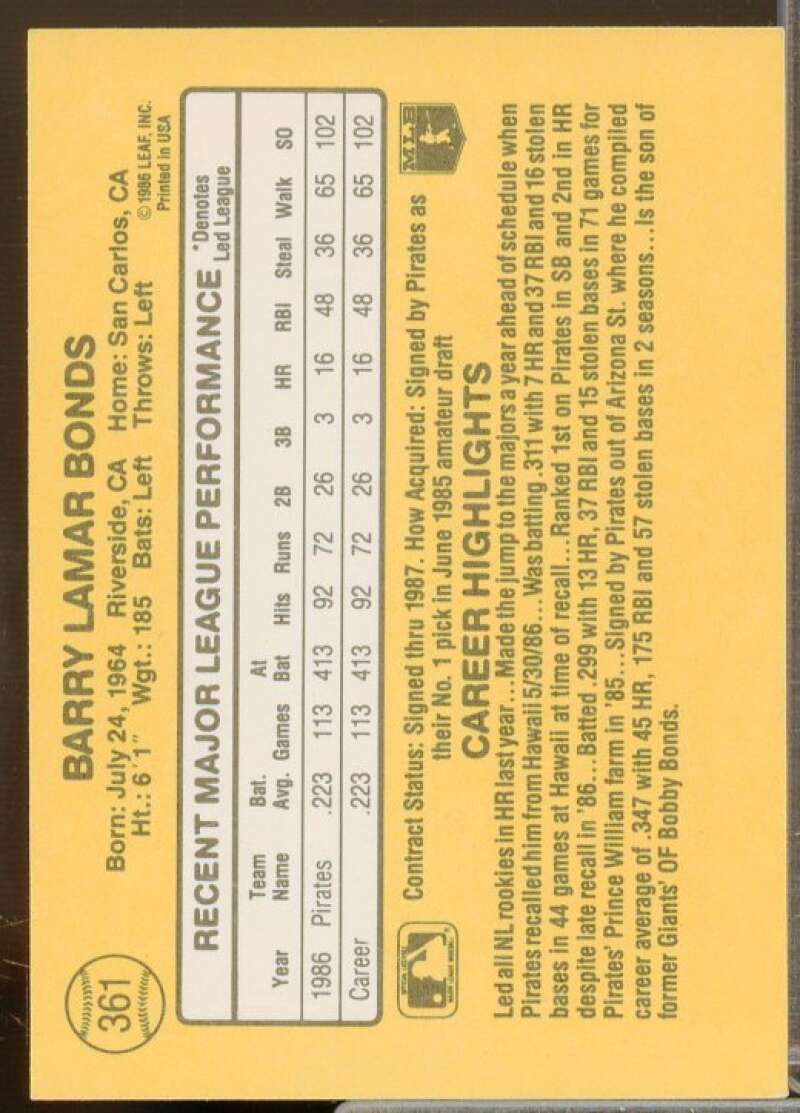 Barry Bonds Rookie Card 1987 Donruss #361  Image 2