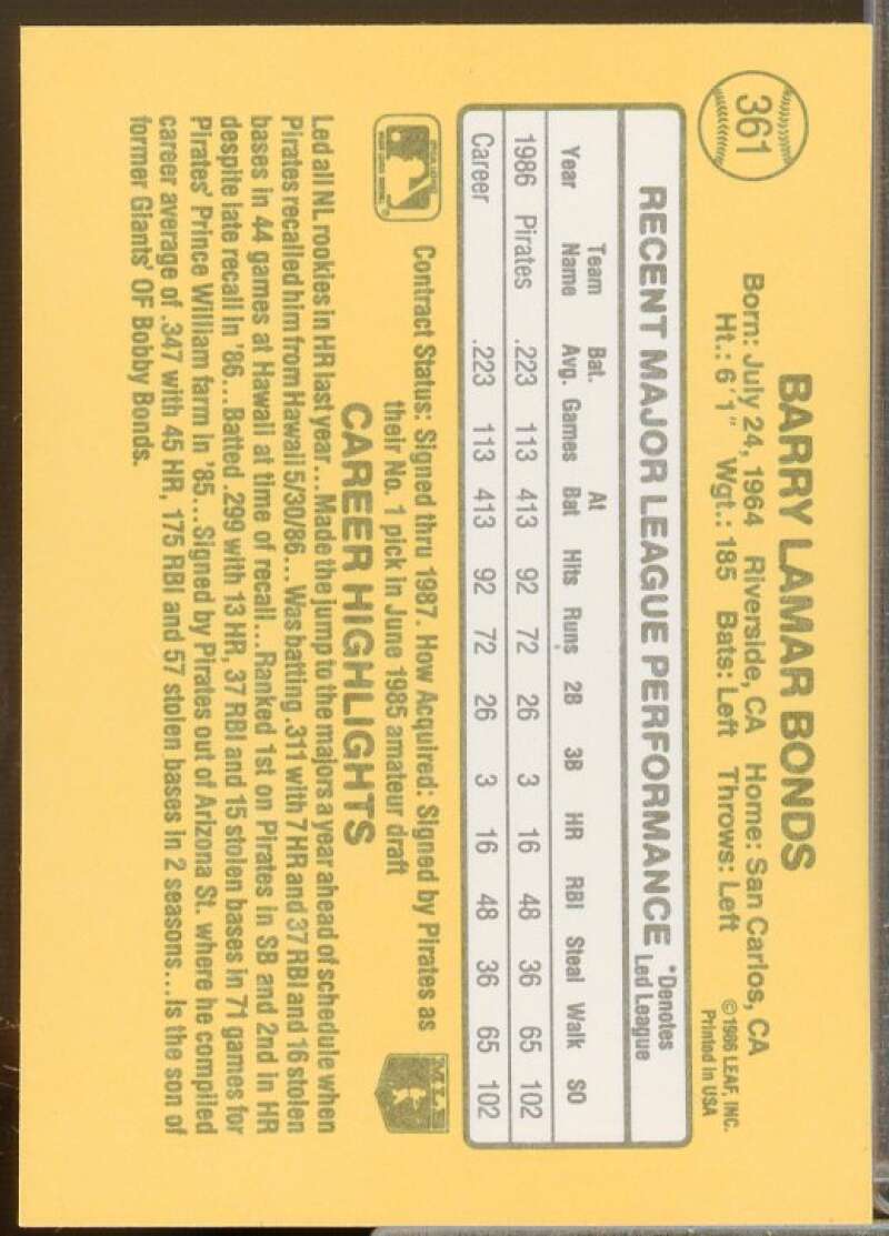 Barry Bonds Rookie Card 1987 Donruss #361  Image 2
