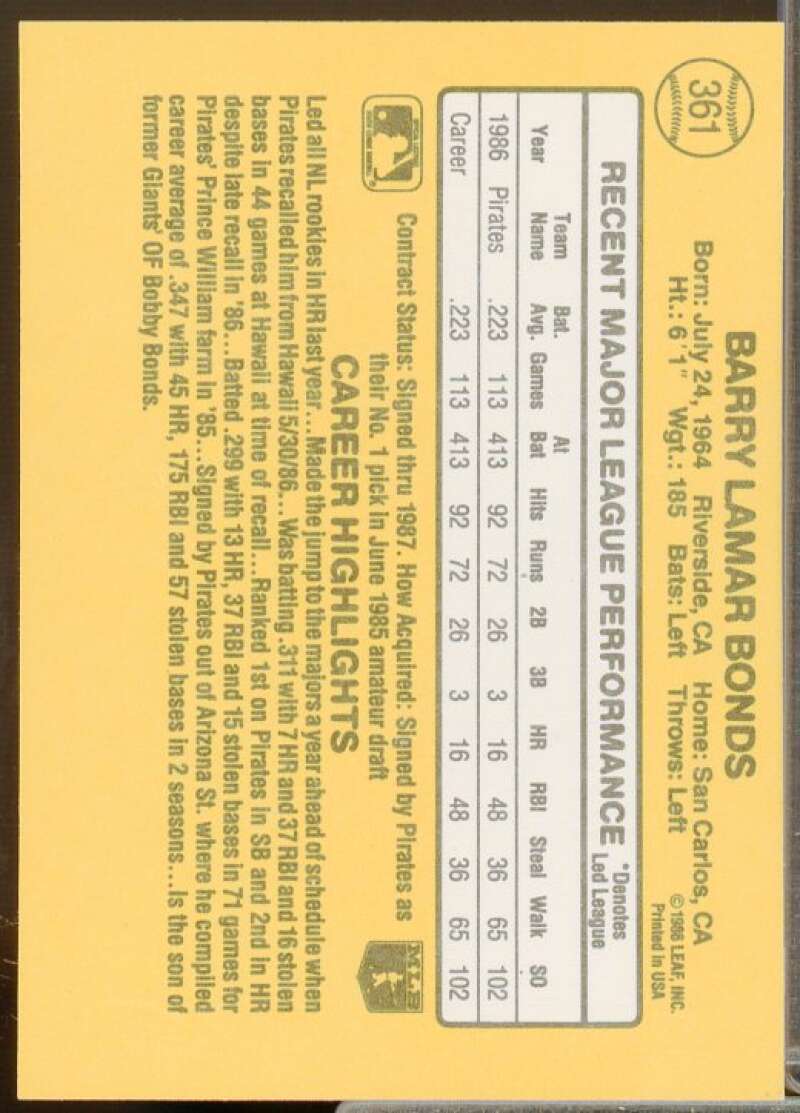 Barry Bonds Rookie Card 1987 Donruss #361  Image 2
