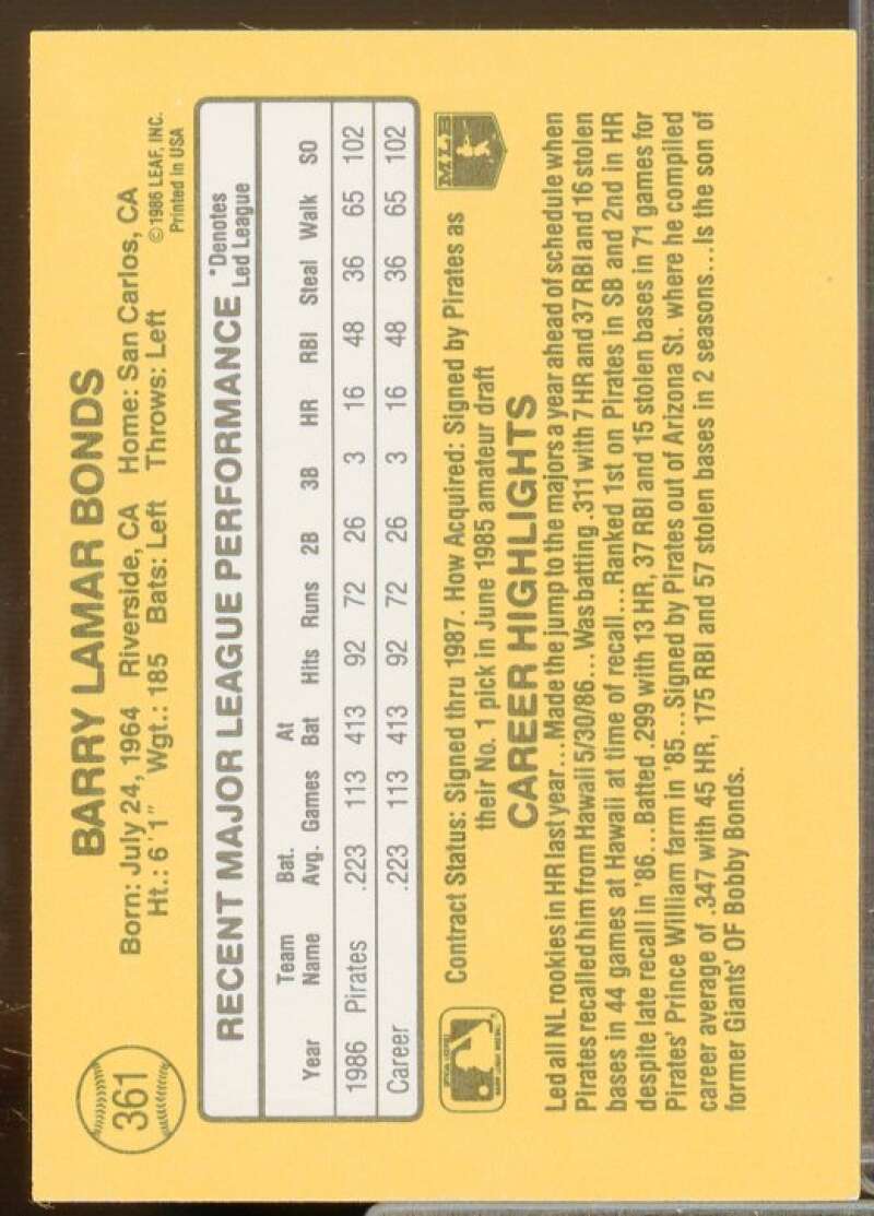Barry Bonds Rookie Card 1987 Donruss #361  Image 2