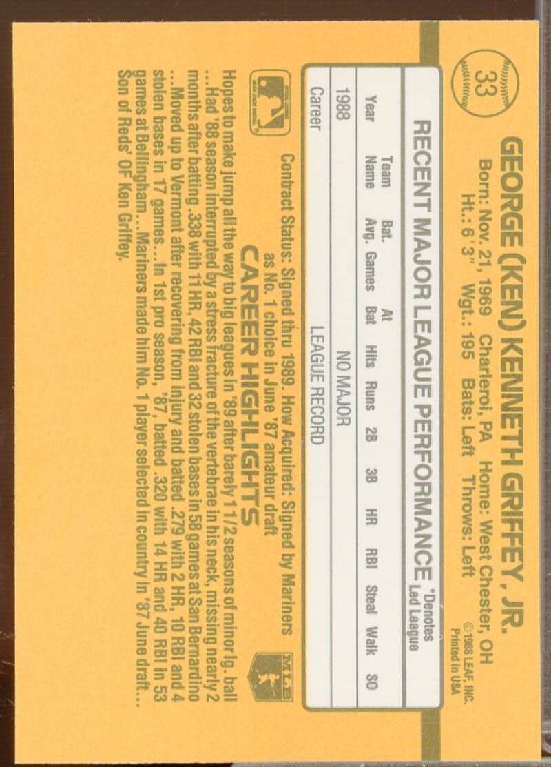 Ken Griffey Jr. Rookie Card 1989 Donruss #33  Image 2