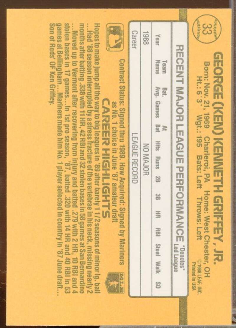 Ken Griffey Jr. Rookie Card 1989 Donruss #33  Image 2