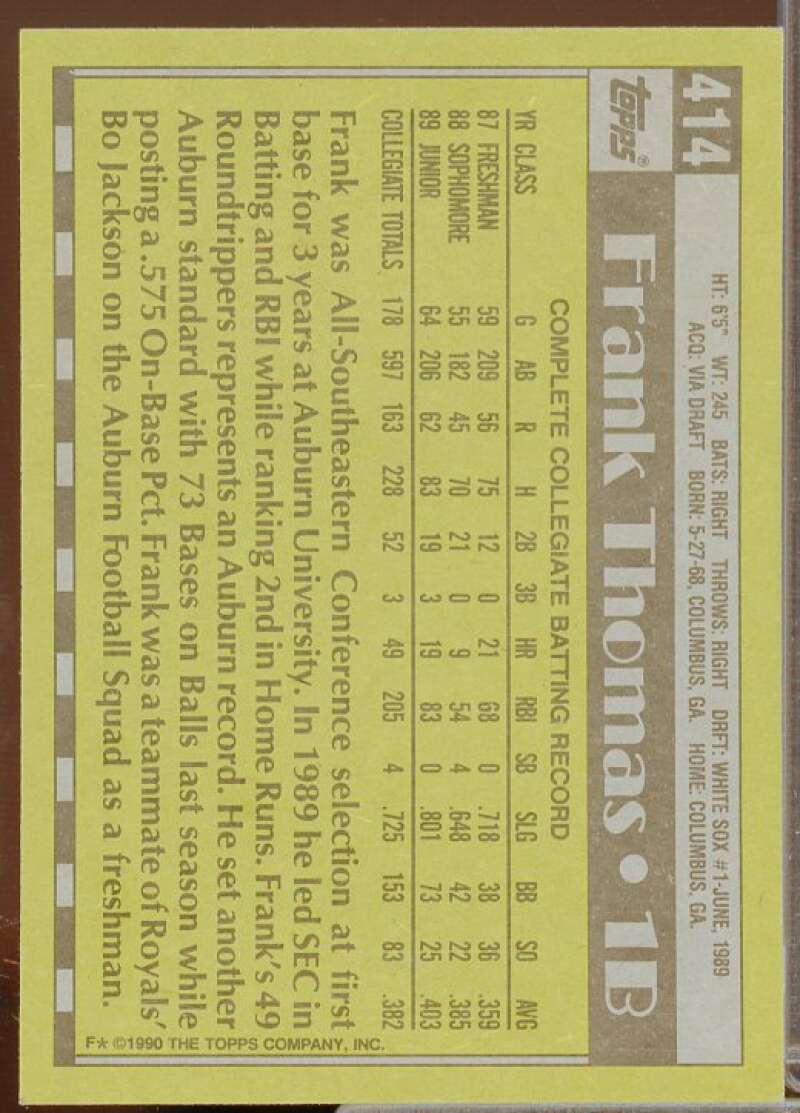 Frank Thomas Rookie Card 1990 Topps #414  Image 2