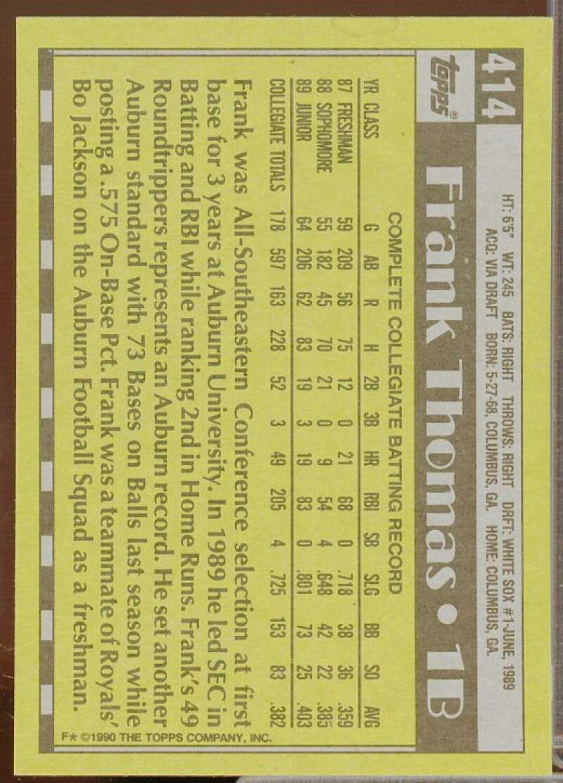 Frank Thomas Rookie Card 1990 Topps #414  Image 2