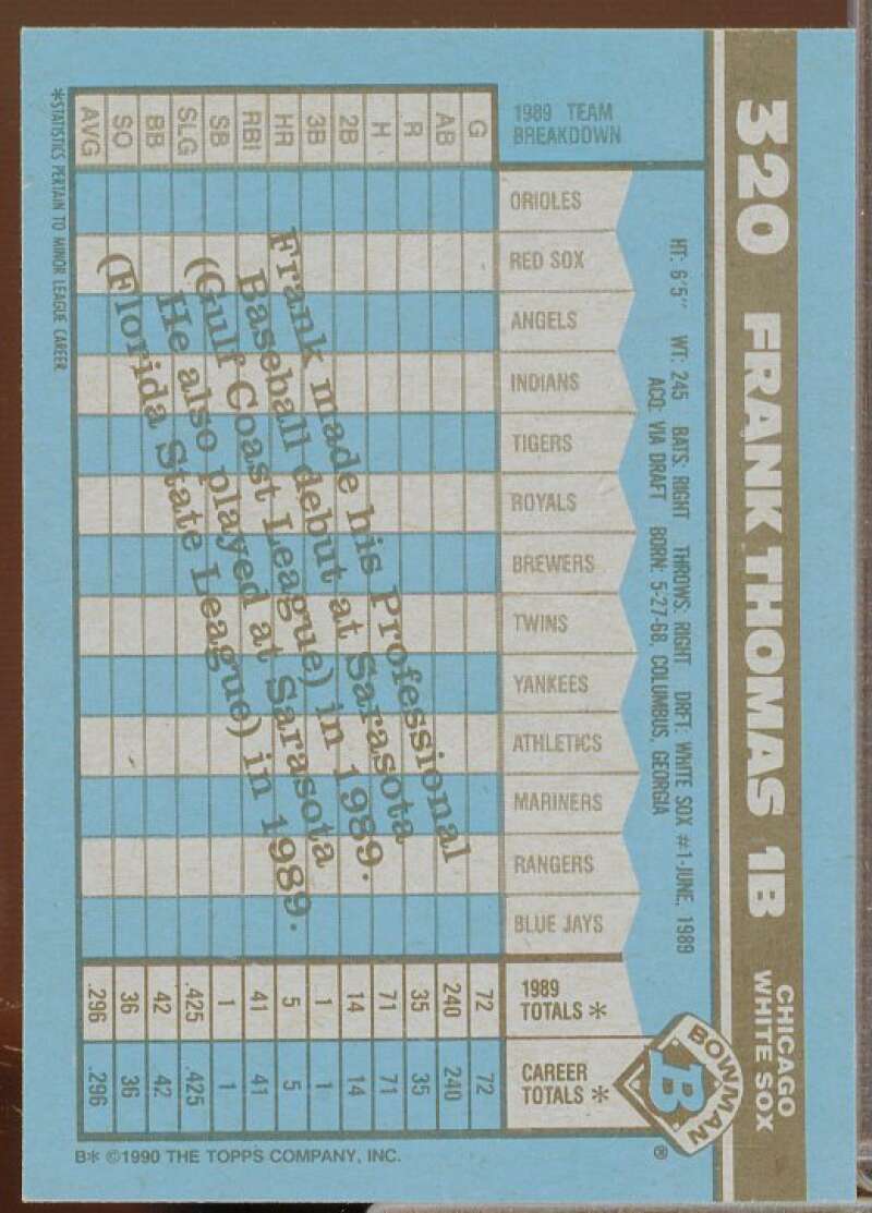 Frank Thomas Rookie Card 1990 Bowman #320  Image 2