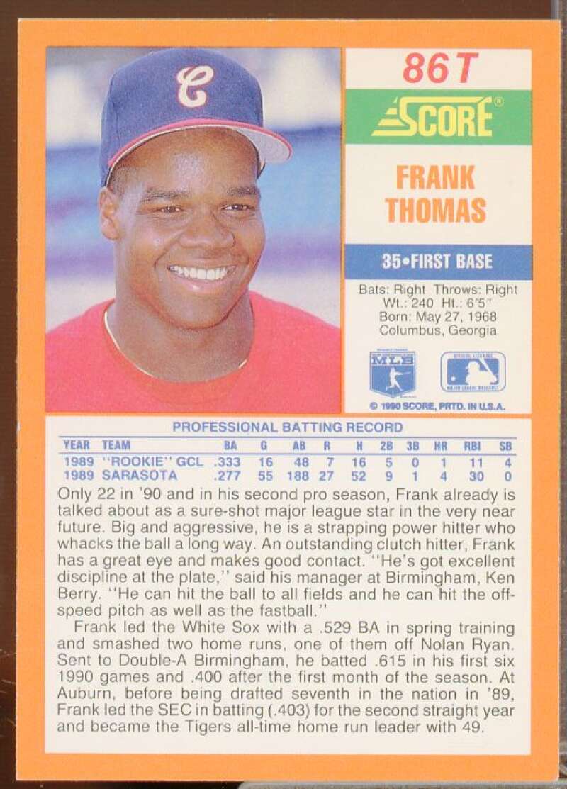 Frank Thomas Rookie Card 1990 Score Rookie/Traded #86T  Image 2
