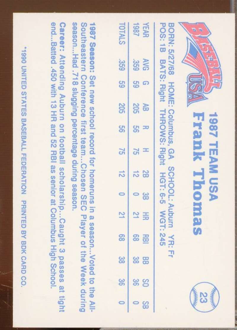Frank Thomas Minors Rookie Card 1990 Pan Am Team USA Red BDK #23  Image 2