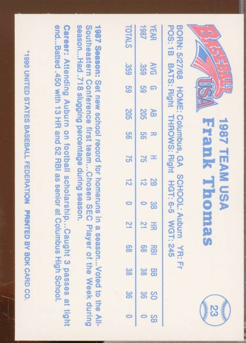 Frank Thomas Minors Rookie Card 1990 Pan Am Team USA Red BDK #23  Image 2