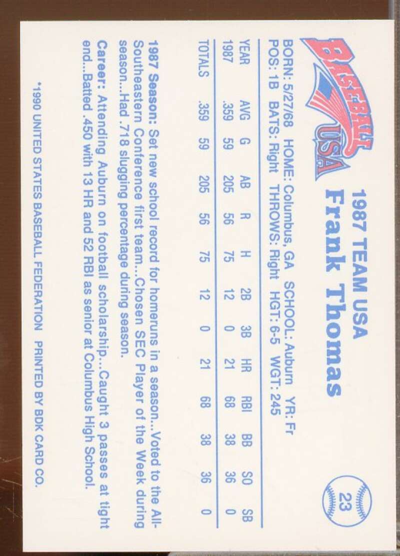 Frank Thomas Minors Rookie Card 1990 Pan Am Team USA Red BDK #23  Image 2